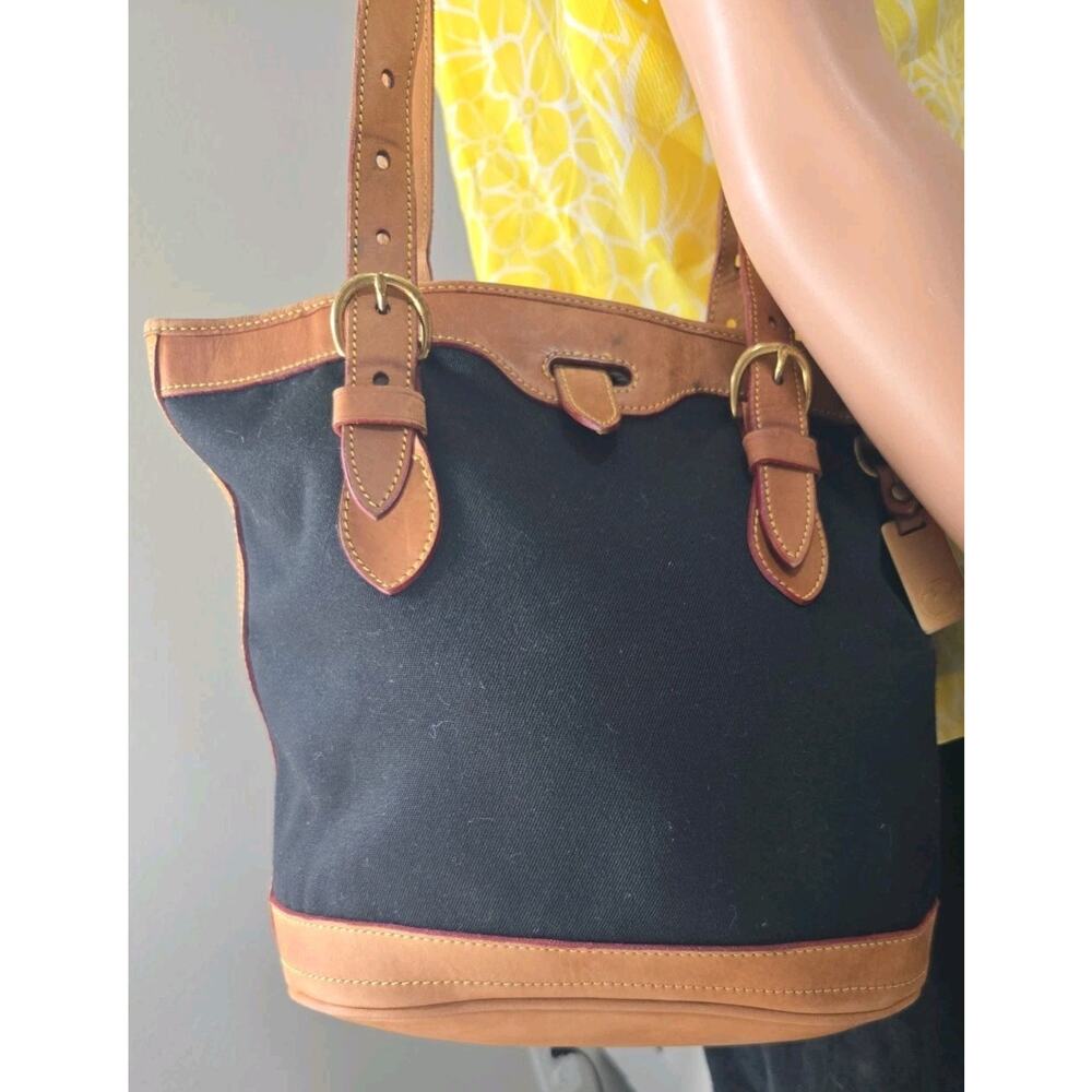 Vintage Dooney & Bourke Tote Bucket Bag Black Canvas Tan Leather
